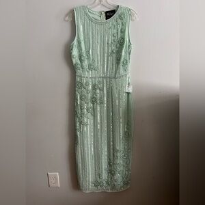 Mac Duggal Seafoam Mint Green Striped Sequins Floral Embellished Midi Dress